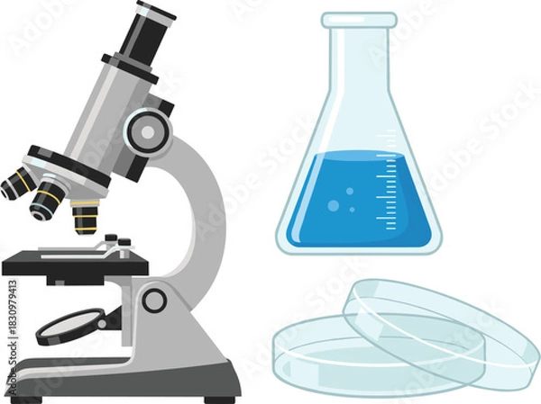 Obraz Microscope, Erlenmeyer Flask with Blue Liquid, and Petri Dishes Representing Core Tools in Scientific Laboratory Research and Analysis