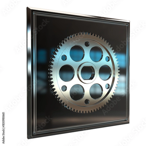 Fototapeta Polished metallic gear mounted on glossy square panel. Hexagonal center hole and circular cutouts emphasize industrial symmetry, mechanical precision, and engineered visual balance.