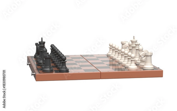 Fototapeta Wooden chessboard with metal clasps and full piece setup in starting position. Classic arrangement symbolizes strategic readiness, symmetry, and timeless elegance of intellectual gameplay.