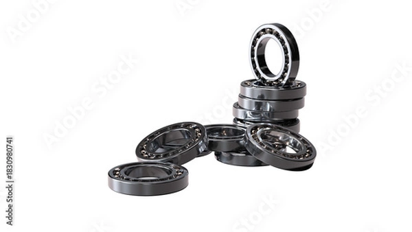 Fototapeta Scattered pile of metallic ball bearings with polished surfaces. Mechanical components emphasize friction reduction, load support, and precision in industrial motion systems.