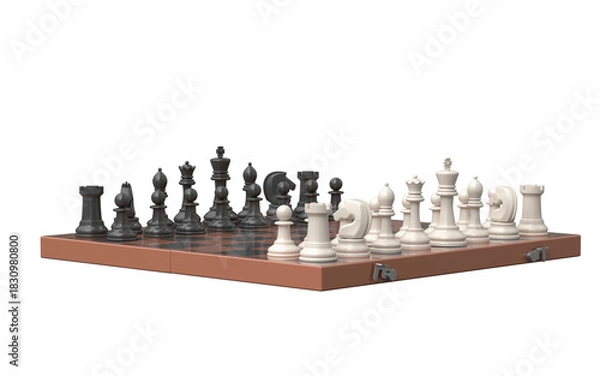 Fototapeta Wooden chessboard with metal clasps and full piece setup in starting position. Classic arrangement symbolizes strategic readiness, symmetry, and timeless elegance of intellectual gameplay.