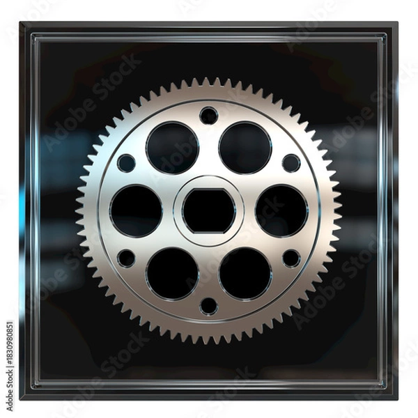 Fototapeta Polished metallic gear mounted on glossy square panel. Hexagonal center hole and circular cutouts emphasize industrial symmetry, mechanical precision, and engineered visual balance.