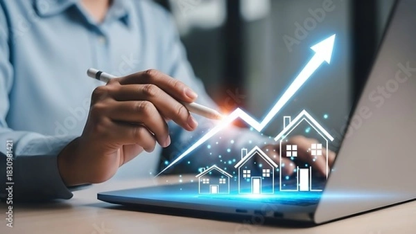 Obraz Business person analyzing real estate growth chart on laptop screen