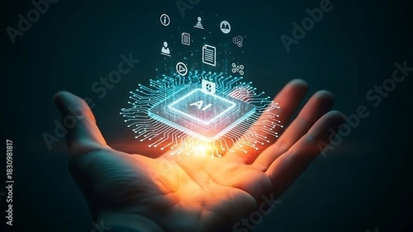 Obraz Hand holding glowing digital ai chip with floating application icon