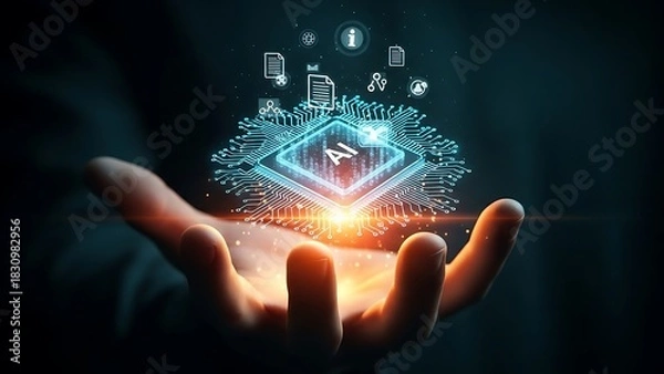 Obraz Hand holding glowing digital ai chip with data icons floating above