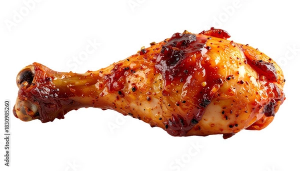 Fototapeta Juicy chicken drumstick covered in rich, spicy sauce, perfectly cooked and appetizing, ideal for food photography, restaurant menus, or culinary content.
