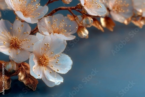 Fototapeta Sophisticated floral frame featuring translucent white cherry blossoms with golden stamens and rich bronze metallic leaves arranged elegantly around light blue borders of the composition