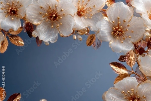Fototapeta Sophisticated floral frame featuring translucent white cherry blossoms with golden stamens and rich bronze metallic leaves arranged elegantly around light blue borders of the composition