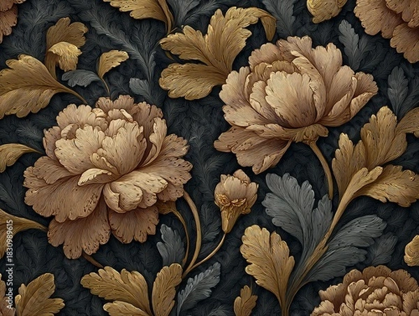 Fototapeta Classic, elegant and classy pattern with large dark flowers and golden leaves