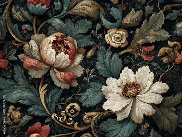 Fototapeta Classic, elegant and classy pattern with large dark flowers and golden leaves