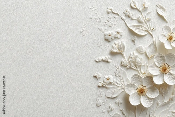 Fototapeta 3d white flower background in paper cut and engraved style, luxurious and elegant for wedding invitations, greeting cards