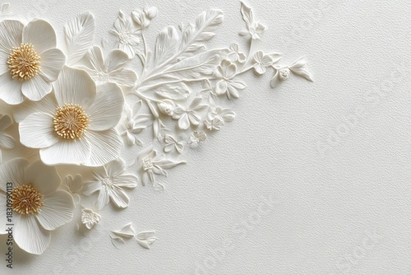 Fototapeta 3d white flower background in paper cut and engraved style, luxurious and elegant for wedding invitations, greeting cards