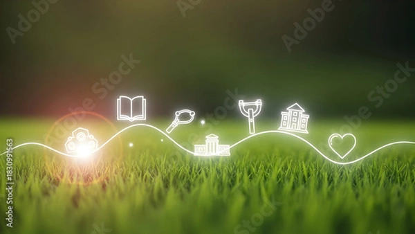 Fototapeta Digital icons representing life and growth on a lush green background