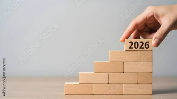 Fototapeta Hand placing wooden block with 2026 on a growing staircase of blocks