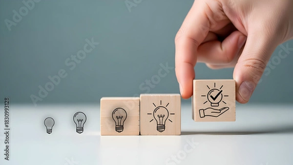 Fototapeta Hand placing wooden block with lightbulb drawing on row of idea blocks