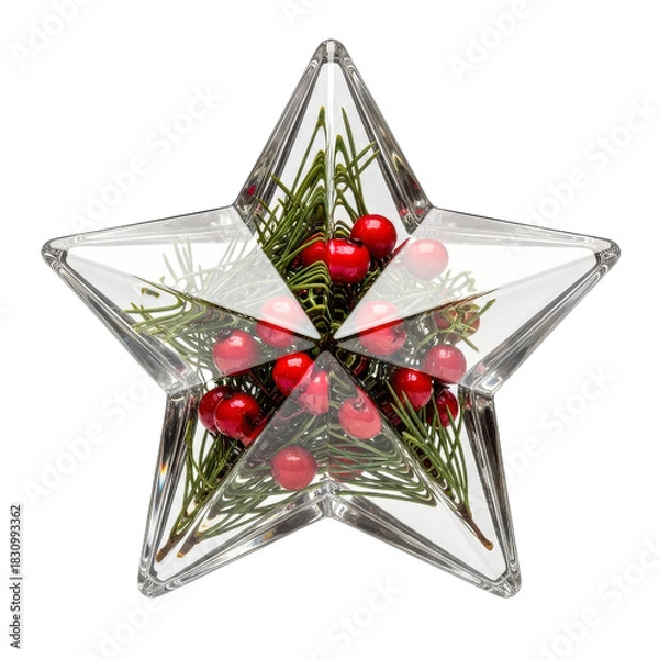 Fototapeta Festive holiday star ornament with evergreen and red berries isolated on transparent background
