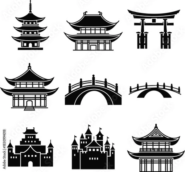 Fototapeta Japanese Architecture and Structures Silhouette Collection