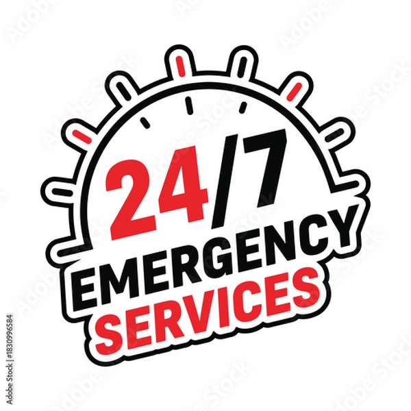 Fototapeta 24 7 emergency services text graphic with clock face elements vector