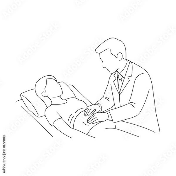 Fototapeta Doctor performing abdominal examination on patient, medical checkup line art illustration