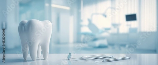 Obraz The Tooth Model and Dental Instruments on Reflective Surface in Clinic