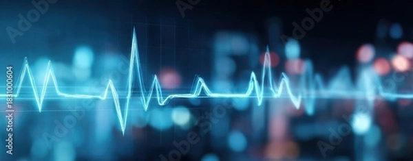 Obraz The Electrocardiogram Waveform Overlaid on Futuristic Digital Cityscape Showing Vital Signs