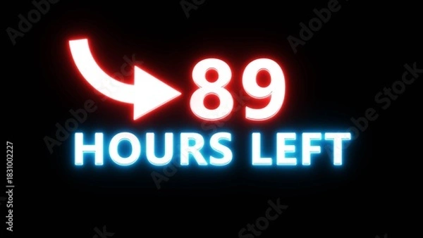 Fototapeta 89 Hours left countdown number. Neon number with arrow icon illustration. Glowing countdown timer.