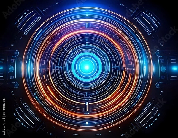 Obraz Circular glowing design with blue core, orange accents, dark background, intricate lines