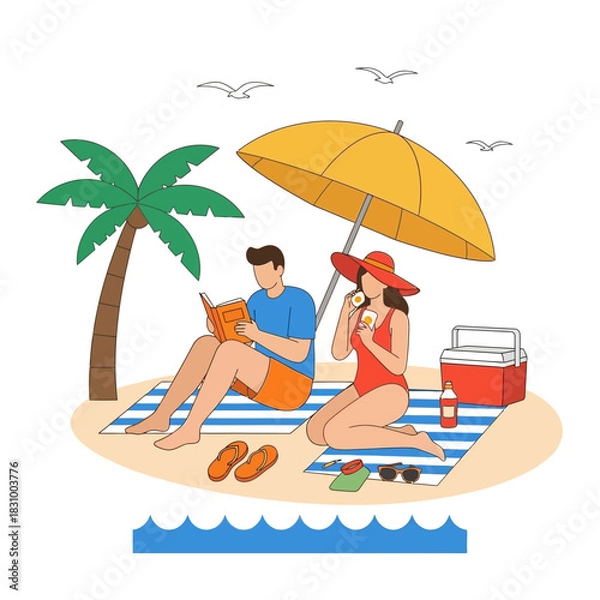 Fototapeta Coastal relaxation: a couple enjoys a tranquil beach day under the sun's embrace