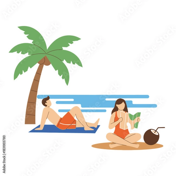 Fototapeta Serene tropical beach scene with leisure activities under a palm tree illustration