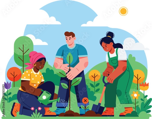 Obraz Flat Vector Illustration: Community Tree Planting and Reforestation