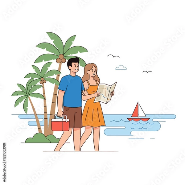 Fototapeta Couple enjoying a coastal vacation with palm trees and a sailboat on a sunny day outing