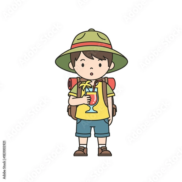 Fototapeta Animated young explorer with thirst quencher enjoys tropical refreshment under sunny skies