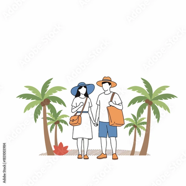Fototapeta Tropical Getaway: A Couple's Serene Stroll Amidst Palm Trees and Coastal Charm Destination Adventure