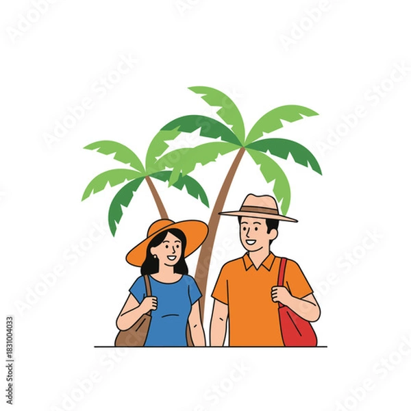 Fototapeta Couple enjoys tropical escape against a backdrop of swaying palm trees in style