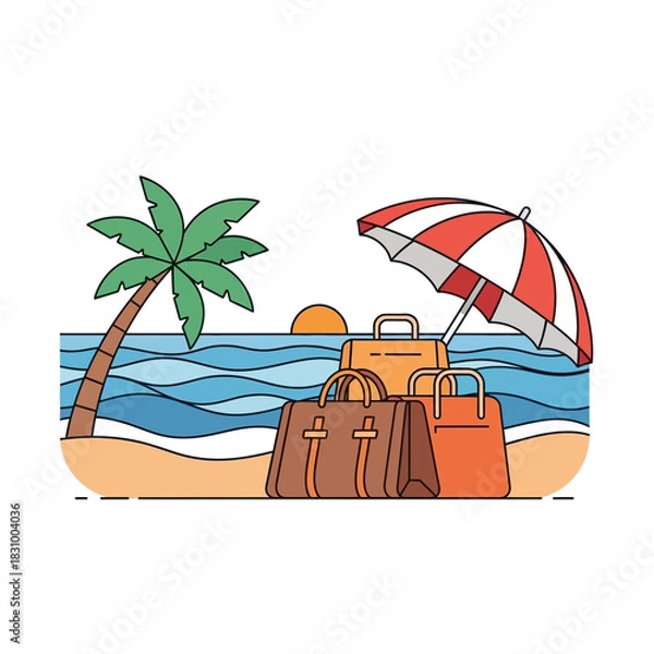 Fototapeta Idyllic tropical beach scene with travel bags and sun umbrella evokes a sense of vacation relaxation