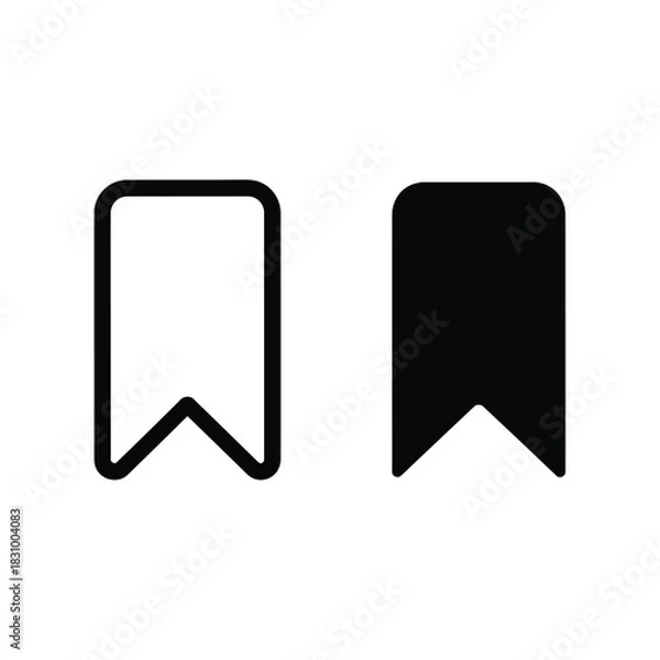 Obraz Two bookmark icons, one outlined and one solid black, representing save or favorite functionality for digital interfaces and web design.