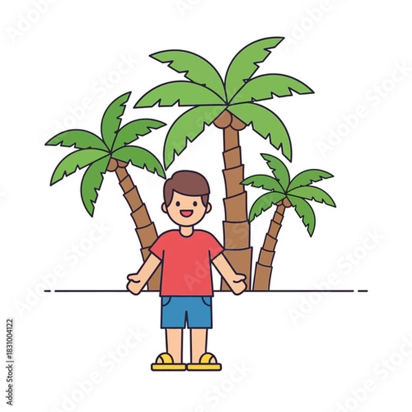 Fototapeta Cheerful boy standing amidst the vibrant palms, enjoying summer under the sun's gentle embrace