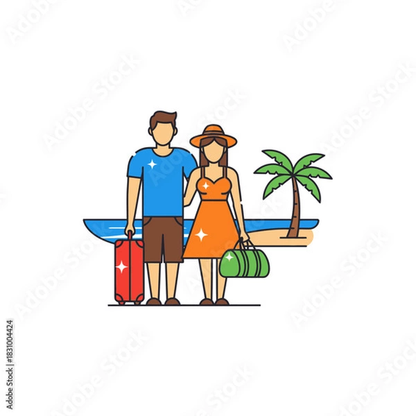 Fototapeta Vector illustration depicting a couple enjoying a tropical beach vacation getaway with baggage and