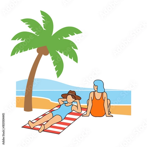 Fototapeta Relaxing beachside getaway with sunbathers under a swaying palm tree in vibrant tones