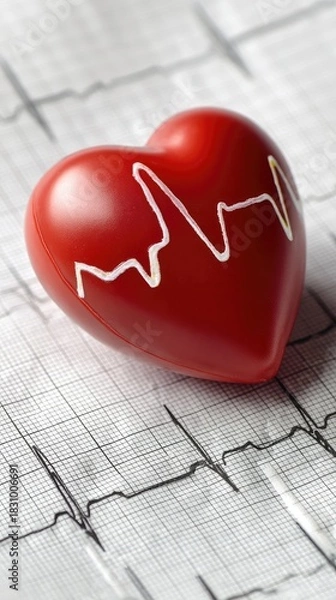 Fototapeta Heart model placed on an electrocardiogram print showing heart activity in a medical setting