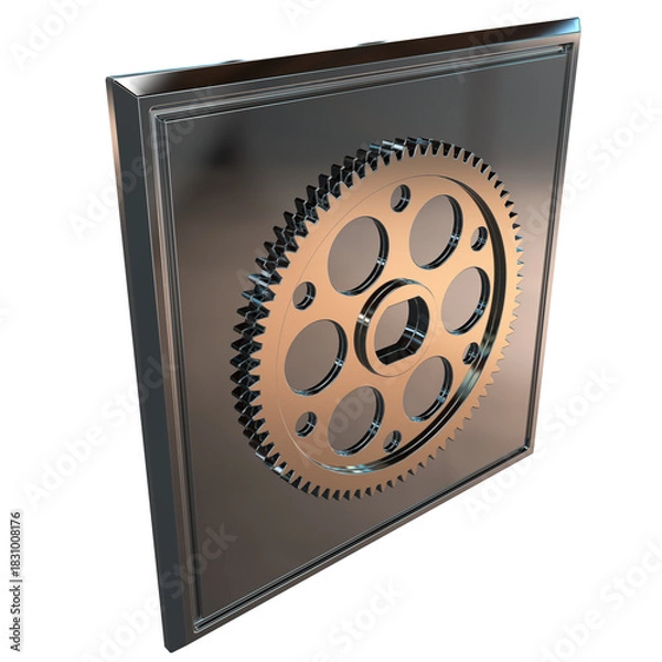 Fototapeta Polished metallic gear mounted on glossy square panel. Hexagonal center hole and circular cutouts emphasize industrial symmetry, mechanical precision, and engineered visual balance.