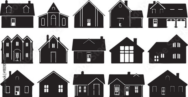 Fototapeta Assortment of black silhouette illustrations showcasing diverse residential housing and architectural styles for various design projects