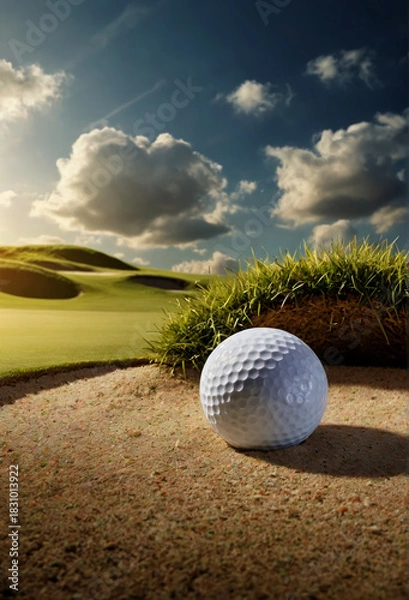 Obraz White golf ball on green course. Generative AI