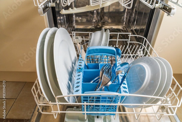 Fototapeta Plates, dishes and cutlery in the dishwasher, viewed from in front of appliance