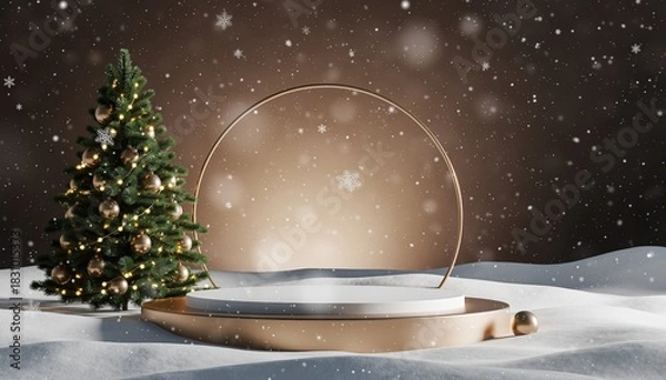 Fototapeta Festive winter scene with christmas tree and snowfall home decor digital art cozy environment close-up view holiday vibes