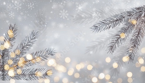 Obraz Festive celebration decor winter wonderland image of christmas lights and pine fronds serene atmosphere close-up view cozy holiday spirit with snowflakes and bokeh effects