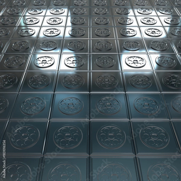 Fototapeta Reflective tiled surface with embossed circular patterns arranged in a grid. Metallic finish and symmetrical design create depth, geometric regularity, and visual complexity