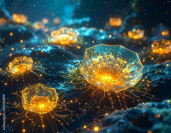 Fototapeta Bioluminescent, alien-like plants with bright yellow centers grow on a bumpy, dark-blue alien planet surface