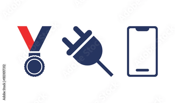 Fototapeta Vector Line Icons: Achievement Medal, Electric Power Plug, and Smartphone Symbols Set