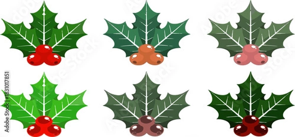 Obraz Christmas holly leaves and berries. Six Holly berry icons set, Christmas logo with holly berries vector illustration isolated in transparent background.